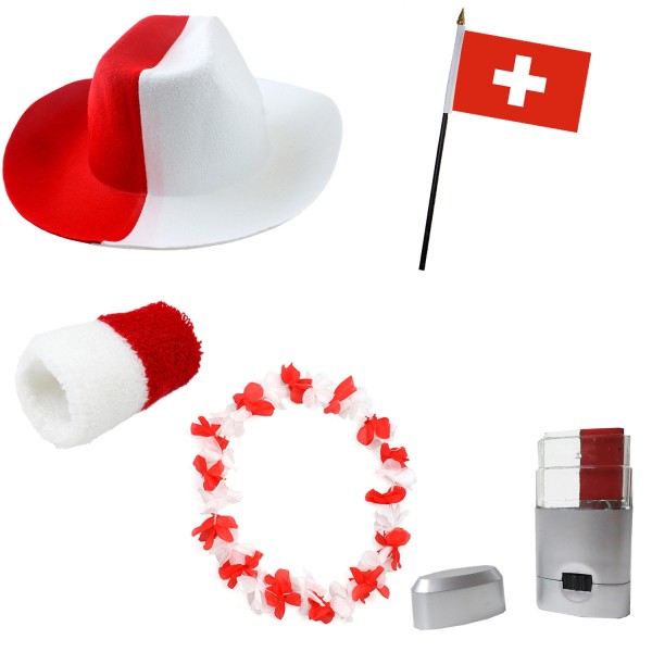 Fan-Paket EM &quot;Schweiz&quot; Switzerland Fußball Hut Kette Schminke Schweißband Flagge