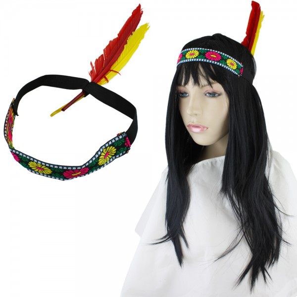 SET &quot;Indianer&quot; Kopfband Feder Perücke lange Haare Hippie Fasching Haarband