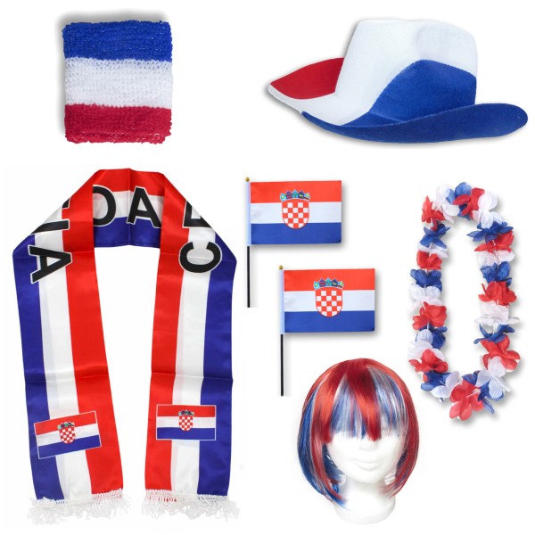 Fan-Paket &quot;Kroatien&quot; Croatia WM EM Fußball Schal Hawaiikette Hut Schweissband Fahne Perücke