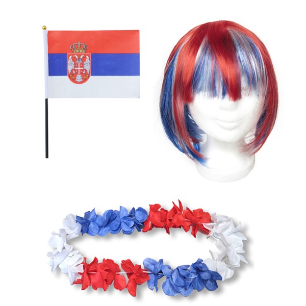 Fanset &quot;Serbien&quot; Serbia Blumenkette Fahne Flagge Perücke Bob