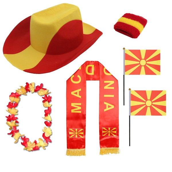 Fan-Paket &quot;Nordmazedonien&quot; North Macedonia WM EM Fußball Schal Hawaiikette Hut Schweissband Fahne Fl