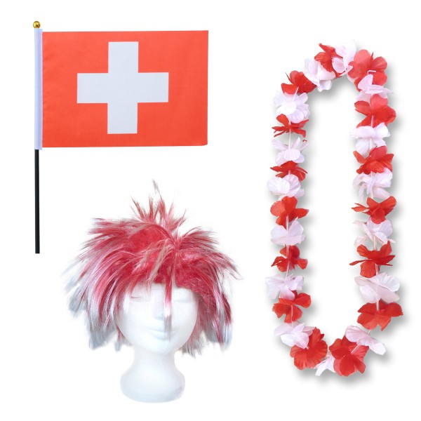 Fanset &quot;Schweiz&quot; Switzerland Blumenkette Fahne Flagge Perücke Wig