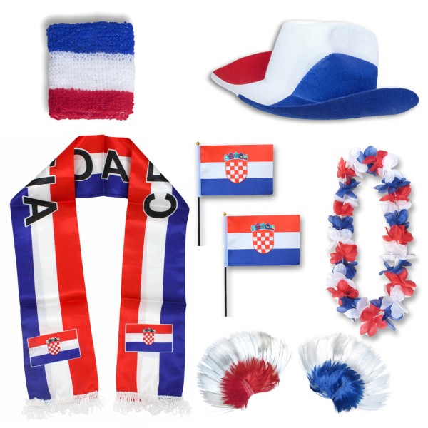 Fan-Paket &quot;Kroatien&quot; Croatia WM EM Fußball Schal Hawaiikette Hut Schweissband Fahne Perücke