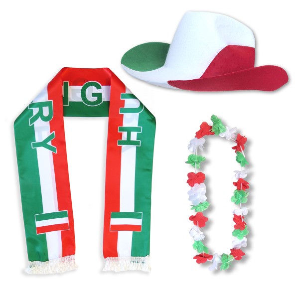 Fan-Paket &quot;Ungarn&quot; Hungary WM EM Fußball Schal Hawaiikette Hut Fanartikel