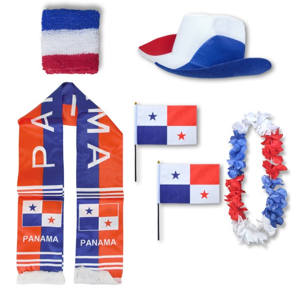 Fan-Paket &quot;Panama&quot; WM EM Fußball Schal Hawaiikette Hut Schweissband Fahne Flagge