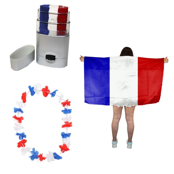Fan-Paket EM &quot;Frankreich&quot; France Fanset Fußball Hawaiikette Schminkstift Poncho