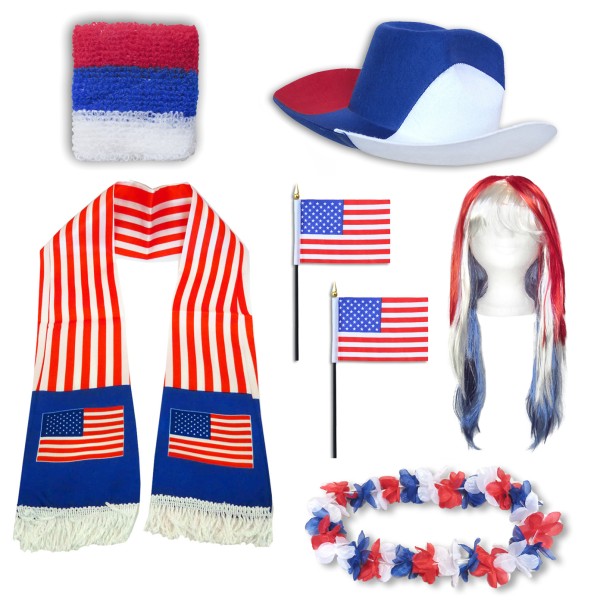 Fan-Paket &quot;USA&quot; Amerika America WM EM Fußball Schal Hawaiikette Hut Schweissband Fahne Perücke