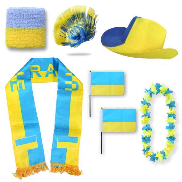 Fan-Paket &quot;Ukraine&quot; WM EM Fußball Schal Hawaiikette Hut Schweissband Fahne Iro Perücke