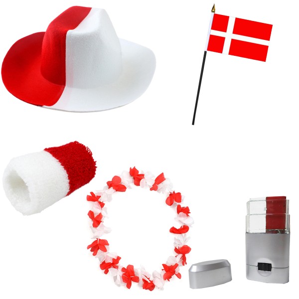 Fan-Paket EM &quot;Dänemark&quot; DenmarkFußball Hut Kette Schminke Schweißband Flagge