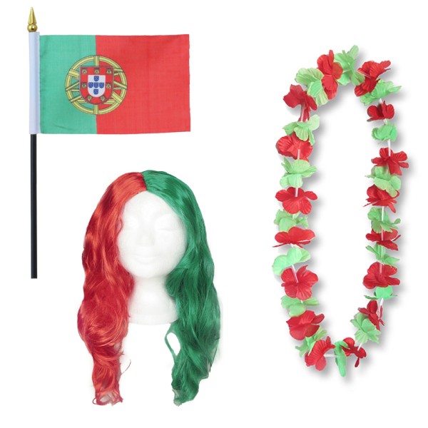 Fanset &quot;Portugal&quot; Blumenkette Fahne Flagge Perücke Langhaar-Locken