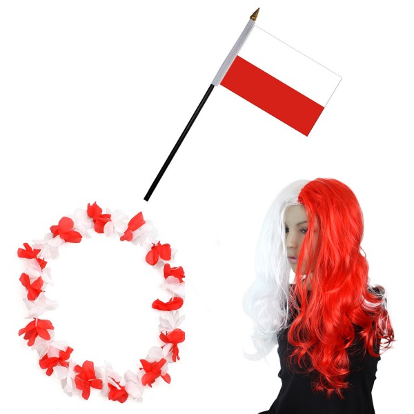 Fanset &quot;Polen&quot; Poland Polska Blumenkette Fahne Flagge Perücke Langhaar-Locken