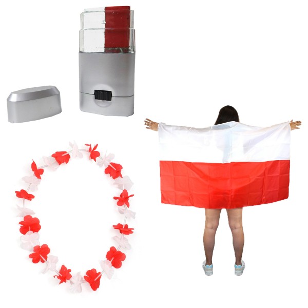 Fan-Paket EM &quot;Polen&quot; Poland Polska Fußball Hawaiikette Schminkstift Poncho