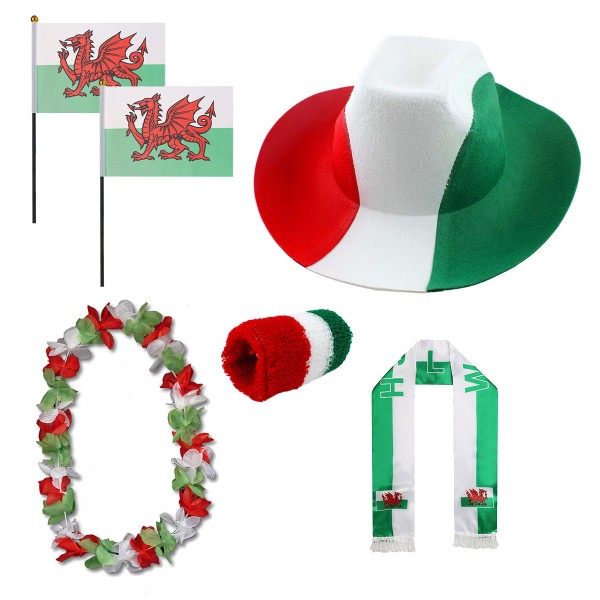 Fan-Paket &quot;Wales&quot; WM EM Fußball Schal Hawaiikette Hut Schweissband Fahne Flagge