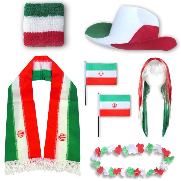 Fan-Paket &quot;Iran&quot; WM EM Fußball Schal Hawaiikette Hut Schweissband Fahne Perücke