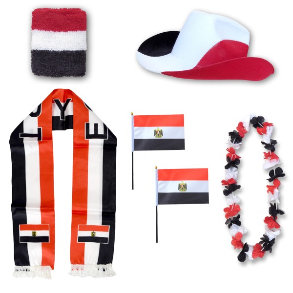 Fan-Paket &quot;Ägypten&quot; Egypt WM EM Fußball Schal Hawaiikette Hut Schweissband Fahne Flagge