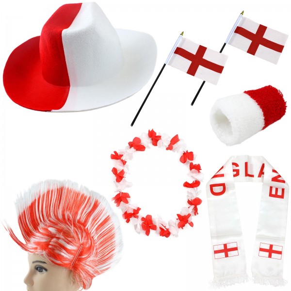 Fan-Paket &quot;England&quot; WM EM Fußball Schal Hawaiikette Hut Schweissband Fahne Perücke