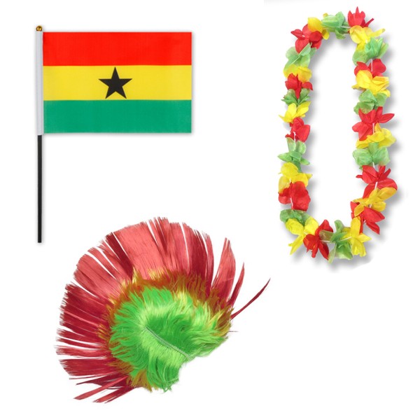 Fanset &quot;Ghana&quot; Blumenkette Fahne Flagge Perücke Irokese
