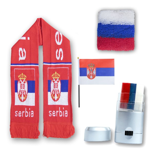 FAN PAKET EM &quot;Serbien&quot; Serbia Fußball Schal Schminke Schweißband Mini Flagge