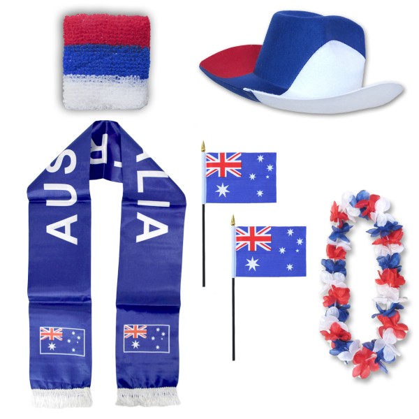 Fan-Paket &quot;Australien&quot; Australia WM EM Fußball Schal Hawaiikette Hut Schweissband Fahne Flagge