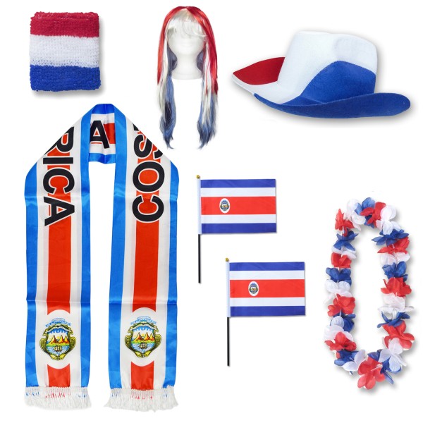 Fan-Paket &quot;Costa Rica&quot; WM EM Fußball Schal Hawaiikette Hut Schweissband Fahne Perücke