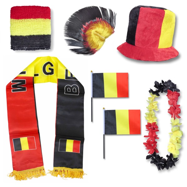 Fan-Paket &quot;Belgien&quot; Belgium WM EM Fußball Schal Hawaiikette Hut Schweissband Fahne Perücke