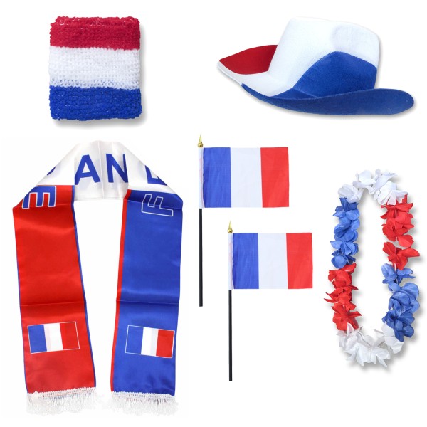 Fan-Paket &quot;Frankreich&quot; France WM EM Fußball Schal Hawaiikette Hut Schweissband Fahne Flagge
