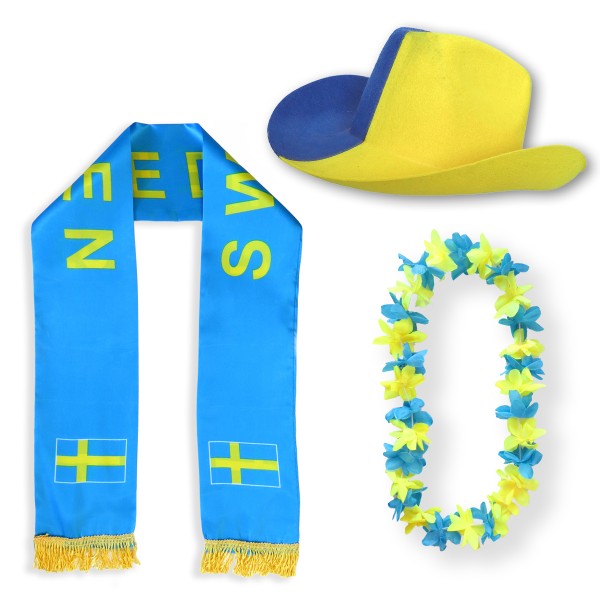 Fan-Paket &quot;Schweden&quot; Sweden WM EM Fußball Schal Hawaiikette Hut Fanartikel