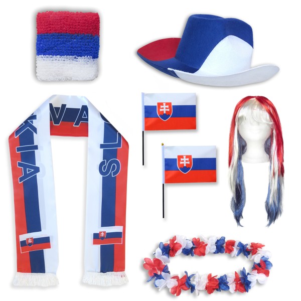 Fan-Paket &quot;Slowakei&quot; Slovakia WM EM Fußball Schal Hawaiikette Hut Schweissband Fahne Perücke