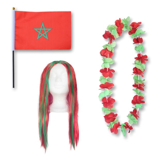 Fanset &quot;Marokko&quot; Morocco Blumenkette Fahne Flagge Perücke Langhaar