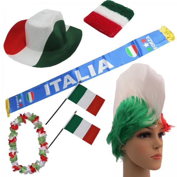 Fan-Paket &quot;Italien&quot; Italy Italia WM EM Fußball Schal Hawaiikette Hut Schweissband Fahne Perücke