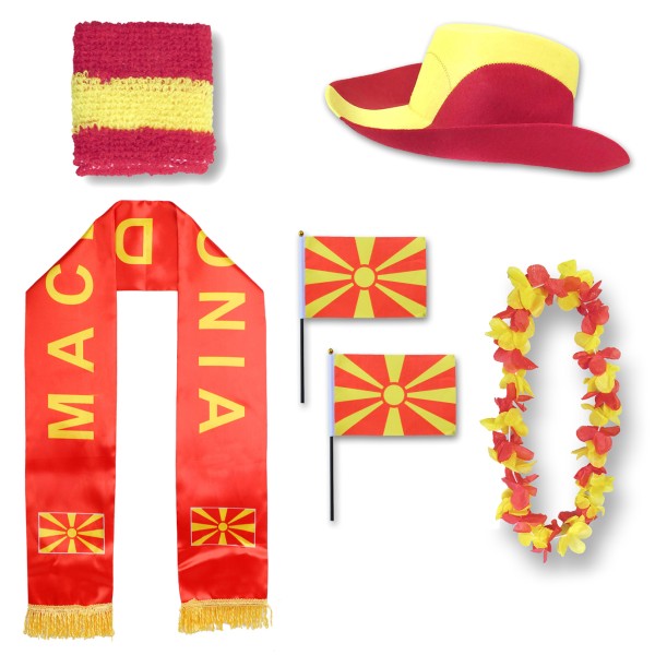 Fan-Paket &quot;Nordmazedonien&quot; North Macedonia WM EM Fußball Schal Hawaiikette Hut Schweissband Fahne Fl
