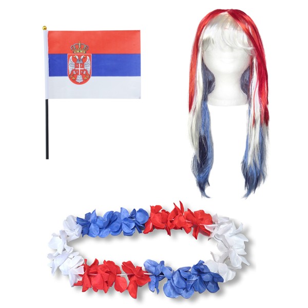 Fanset &quot;Serbien&quot; Serbia Blumenkette Fahne Flagge Perücke Langhaar