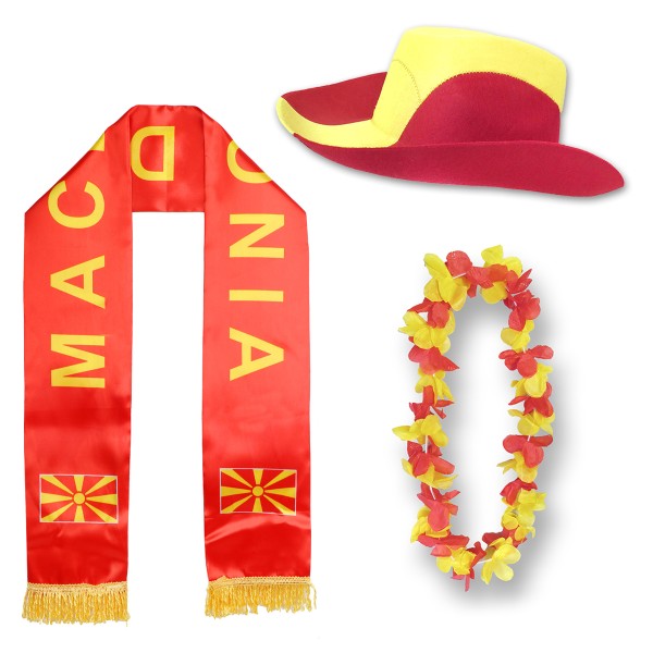 Fan-Paket &quot;Nordmazedonien&quot; North Macedonia WM EM Fußball Schal Hawaiikette Hut Fanartikel