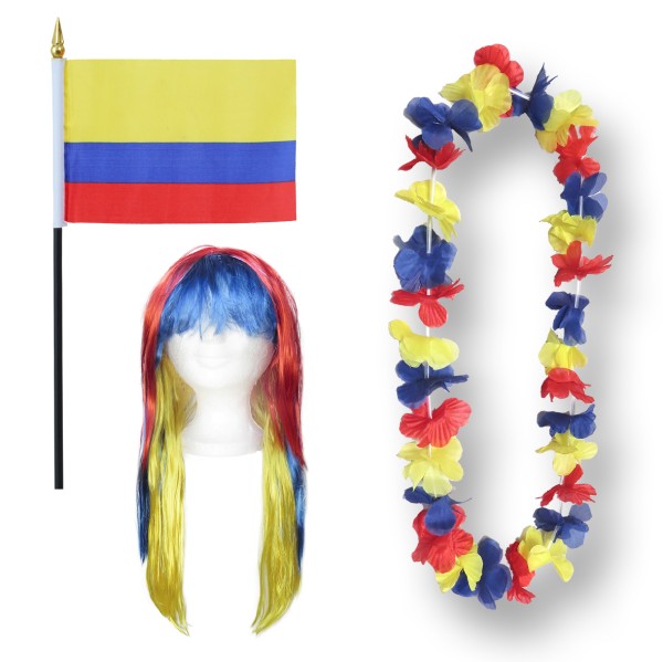 Fanset &quot;Kolumbien&quot; Colombia Blumenkette Fahne Flagge Perücke Langhaar