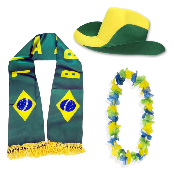 Fan-Paket &quot;Brasilien&quot; Brasil Brazil WM EM Fußball Schal Hawaiikette Hut Fanartikel