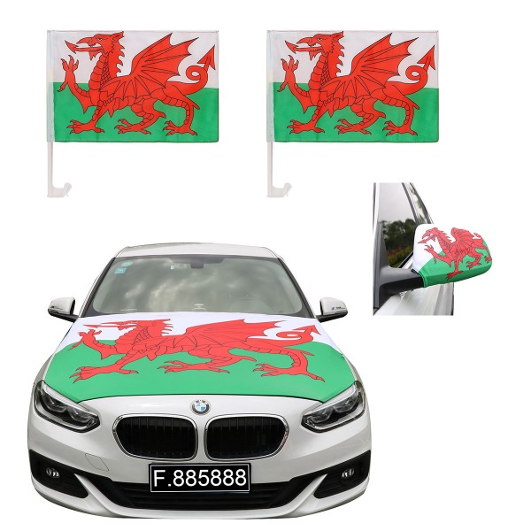 Aut-Fan-Paket EM &quot;Wales&quot; Fußball Flaggen Außenspiegel Motorhaubenüberzug