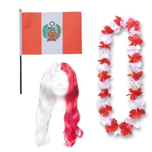 Fanset &quot;Peru&quot; Blumenkette Fahne Flagge Perücke Langhaar-Locken