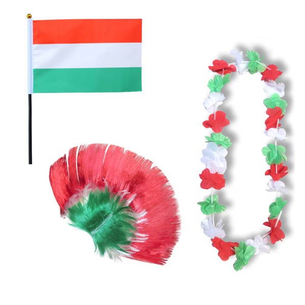 Fanset &quot;Ungarn&quot; Hungary Blumenkette Fahne Flagge Perücke Irokese