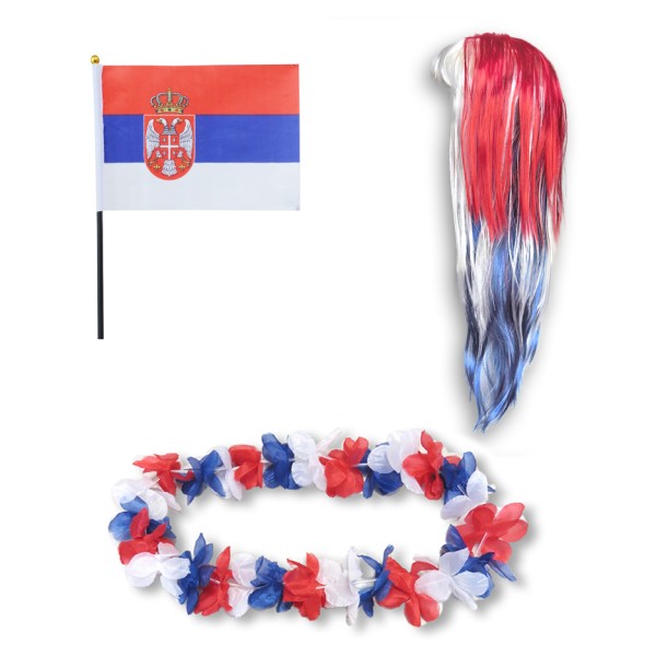 Fanset &quot;Serbien&quot; Serbia Blumenkette Fahne Flagge Perücke Langhaar