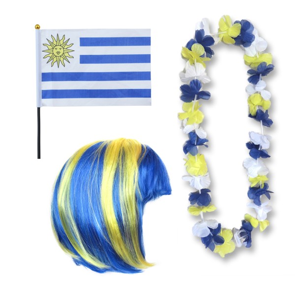 Fanset &quot;Uruguay&quot; Blumenkette Fahne Flagge Perücke Bob