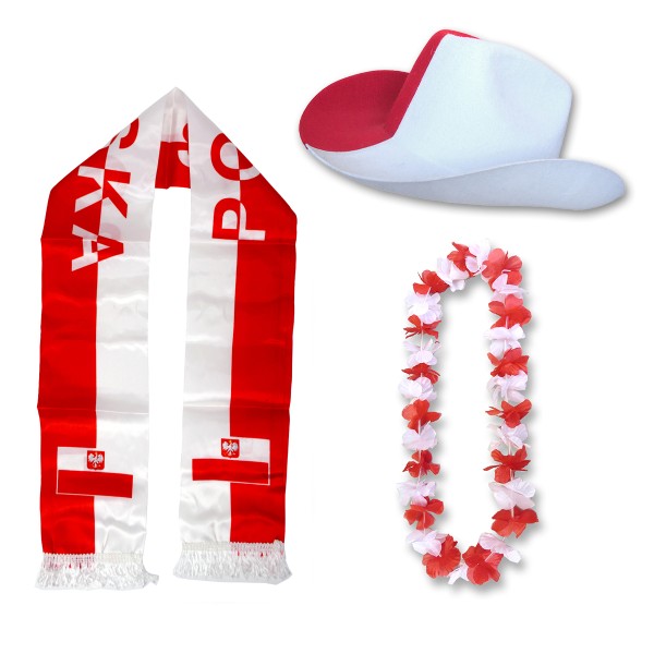 Fan-Paket &quot;Polen&quot; Poland Polska WM EM Fußball Schal Hawaiikette Hut Fanartikel