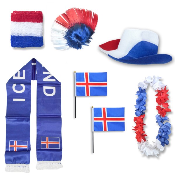 Fan-Paket &quot;Island&quot; Iceland WM EM Fußball Schal Hawaiikette Hut Schweissband Fahne Iro Perücke
