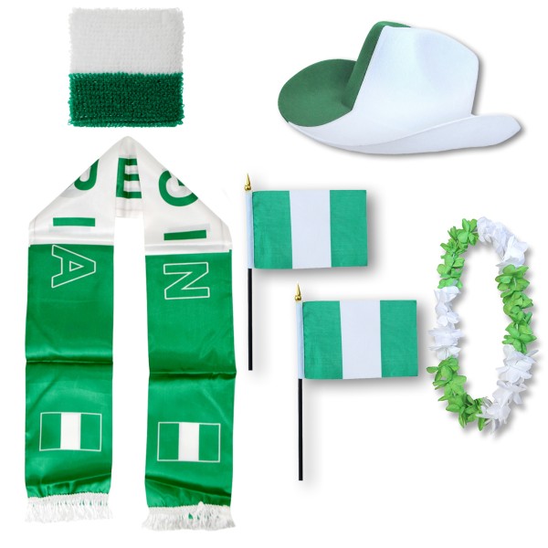 Fan-Paket &quot;Nigerien&quot; Nigeria WM EM Fußball Schal Hawaiikette Hut Schweissband Fahne Flagge