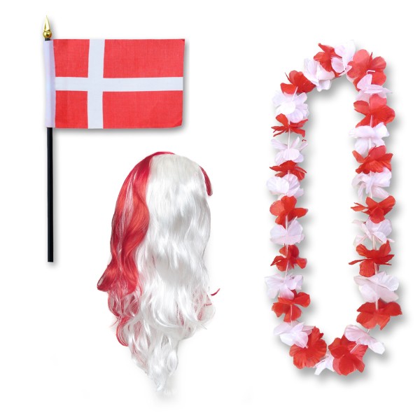 Fanset &quot;Dänemark&quot; Denmark Dansk Blumenkette Fahne Flagge Perücke Langhaar-Locken