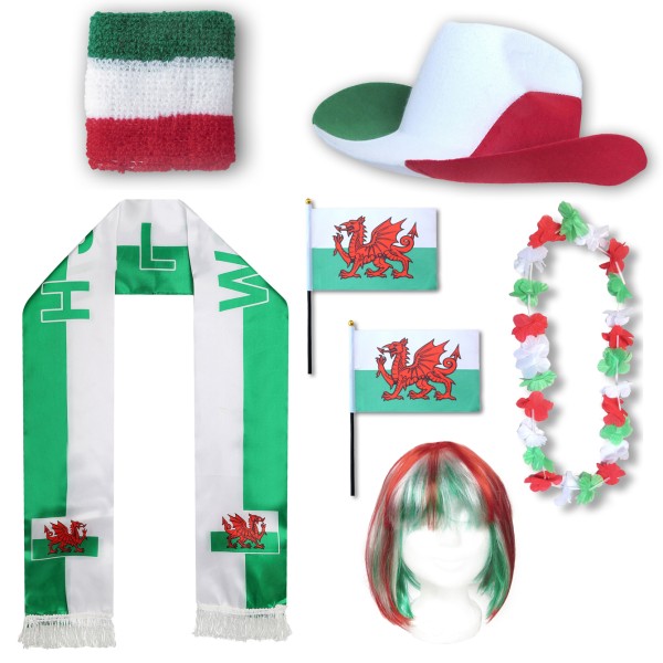 Fan-Paket &quot;Wales&quot; WM EM Fußball Schal Hawaiikette Hut Schweissband Fahne Perücke