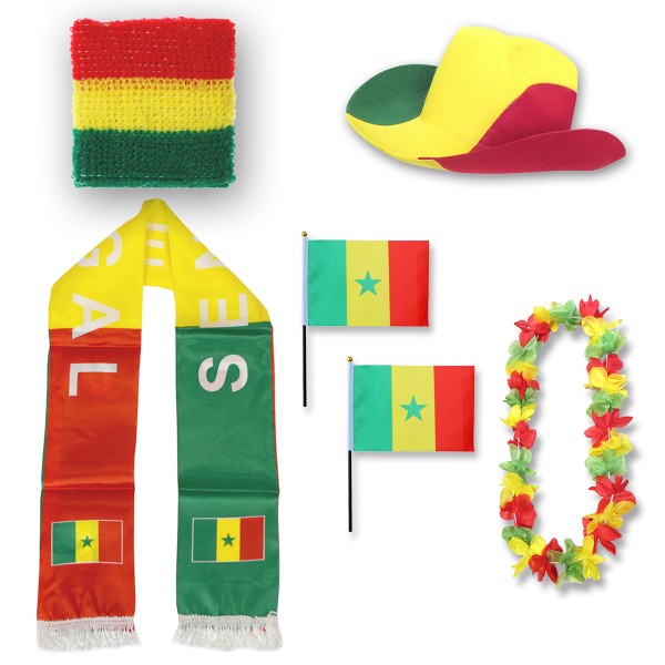 Fan-Paket &quot;Senegal&quot; WM EM Fußball Schal Hawaiikette Hut Schweissband Fahne Flagge