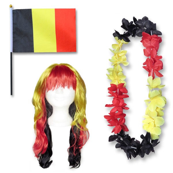 Fanset &quot;Belgien&quot; Belgium Blumenkette Fahne Flagge Perücke Langhaar-Locken