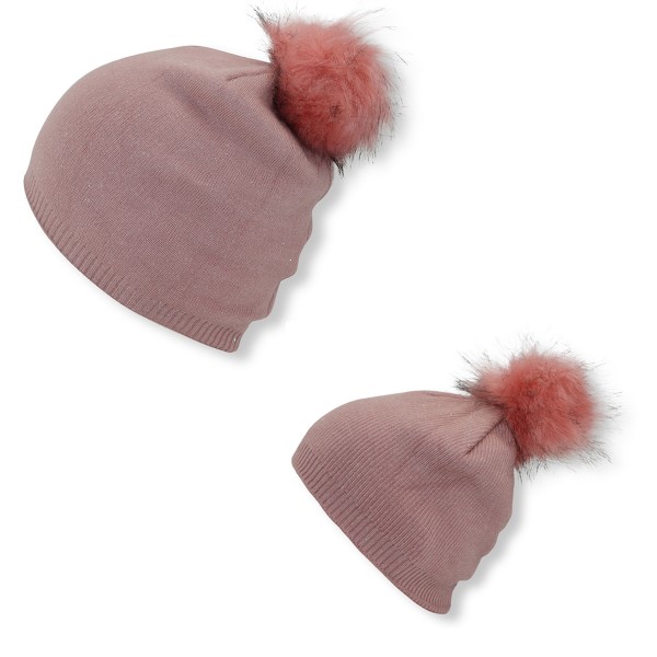 SET Mother and Daughter Winter Beanie with Glittery Fibers and Pompom