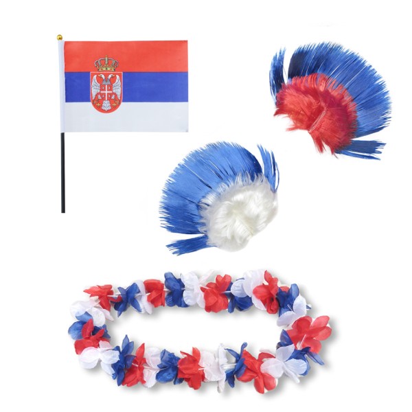 Fanset &quot;Serbien&quot; Serbia Blumenkette Fahne Flagge Perücke Irokese