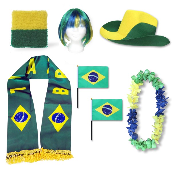 Fan-Paket &quot;Brasilien&quot; Brasil Brazil WM EM Fußball Schal Hawaiikette Hut Schweissband Fahne Perücke